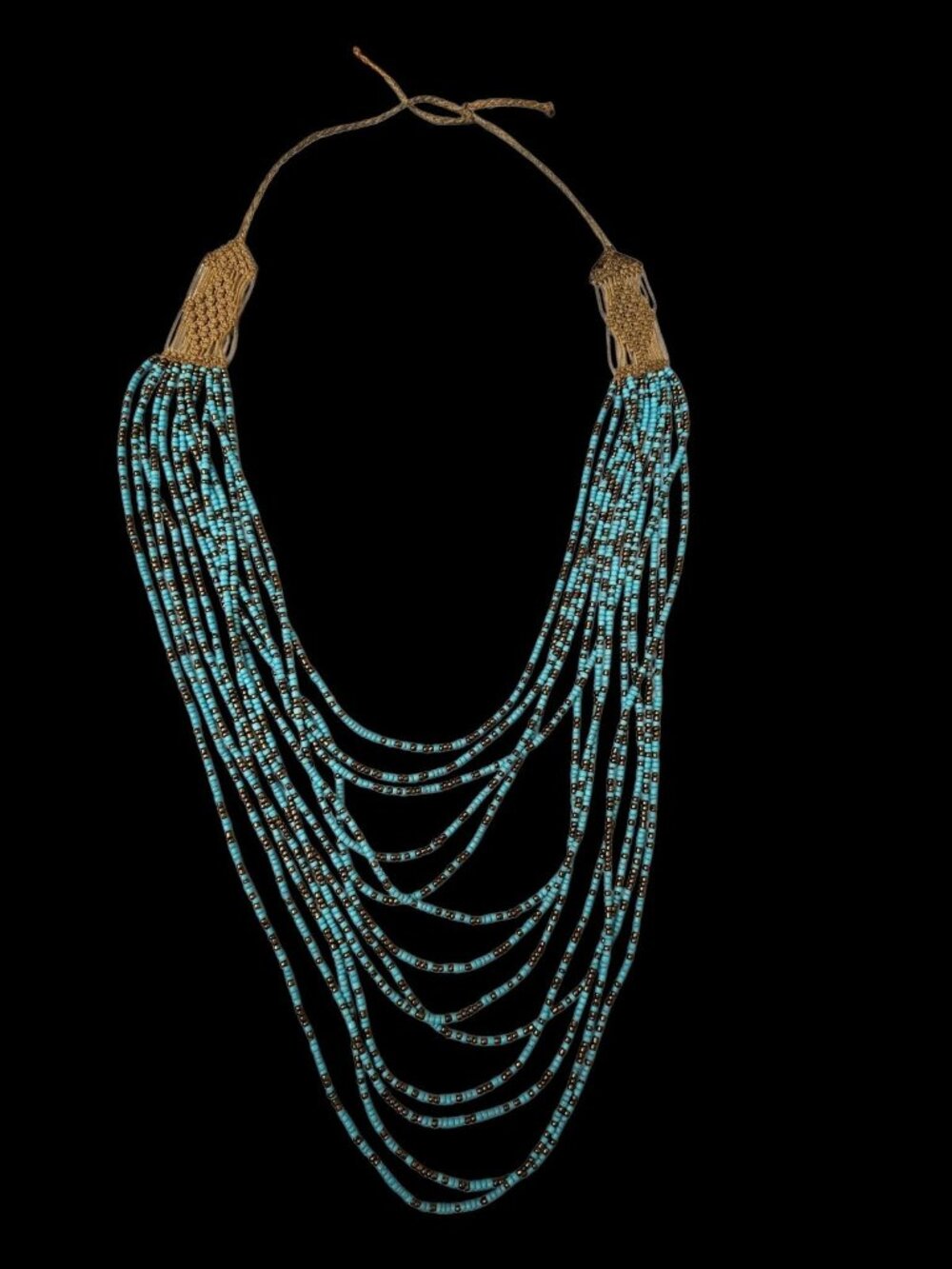 Boho Multi Strand Turquoise Blue Seed Bead Necklace Bronze Gold Tone Handmade